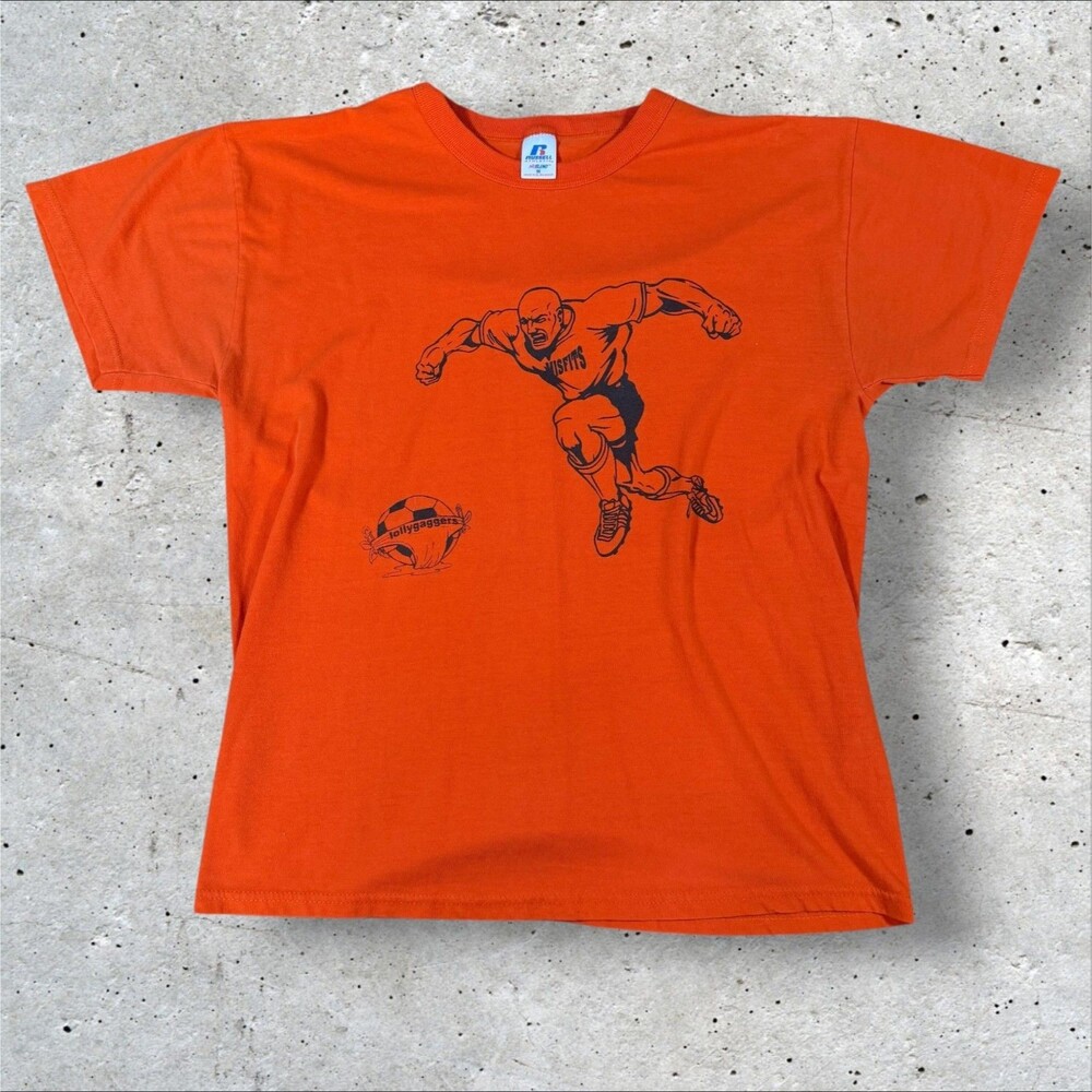 VINTAGE RUSSELL ATHLETIC T SHIRT Medium Orange NuBlend Soccer Graphic 90s Y2K